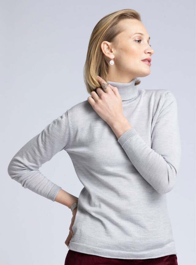Maison Solfin - Pull femme col roulé en laine mérinos gris givré – 46