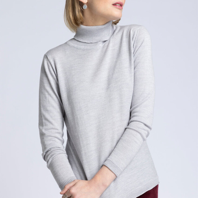 Maison Solfin - Pull femme col roulé en laine mérinos gris givré – 46