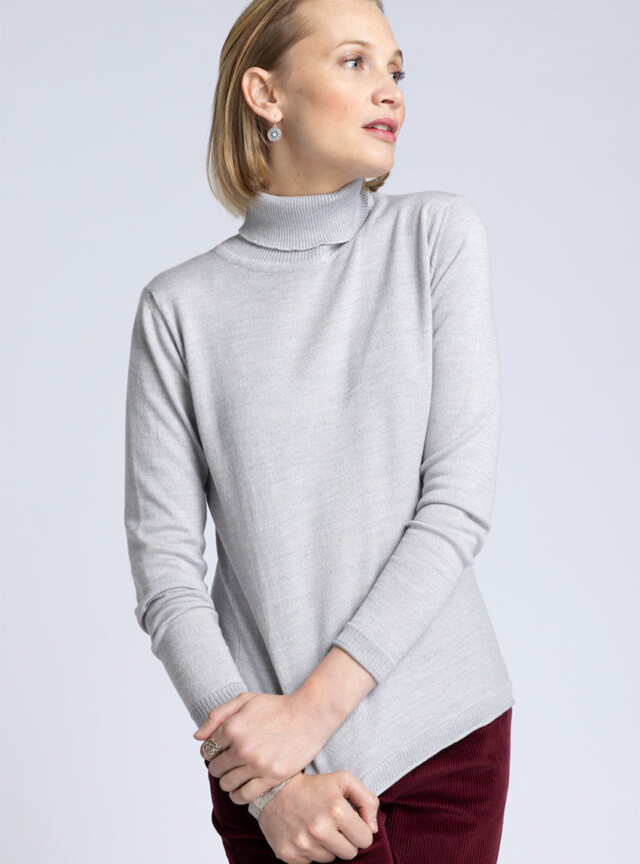 Maison Solfin - Pull femme col roulé en laine mérinos gris givré – 46