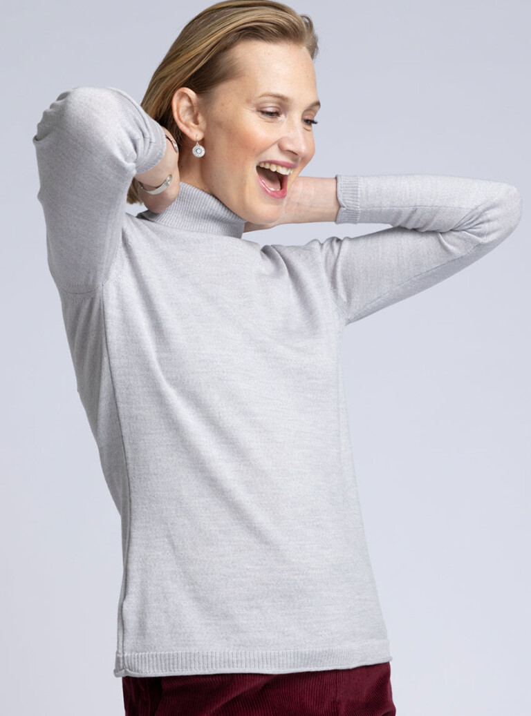 Maison Solfin - Pull femme col roulé en laine mérinos gris givré – 46