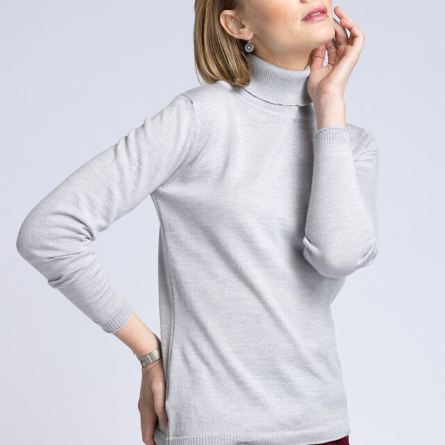 Maison Solfin - Pull femme col roulé en laine mérinos gris givré – 46