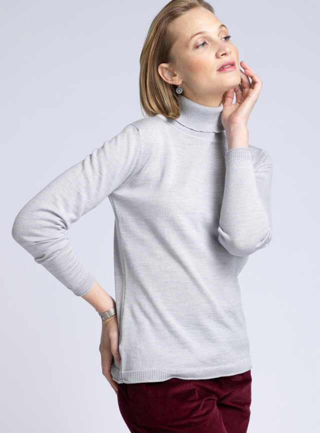 Maison Solfin - Pull femme col roulé en laine mérinos gris givré – 46