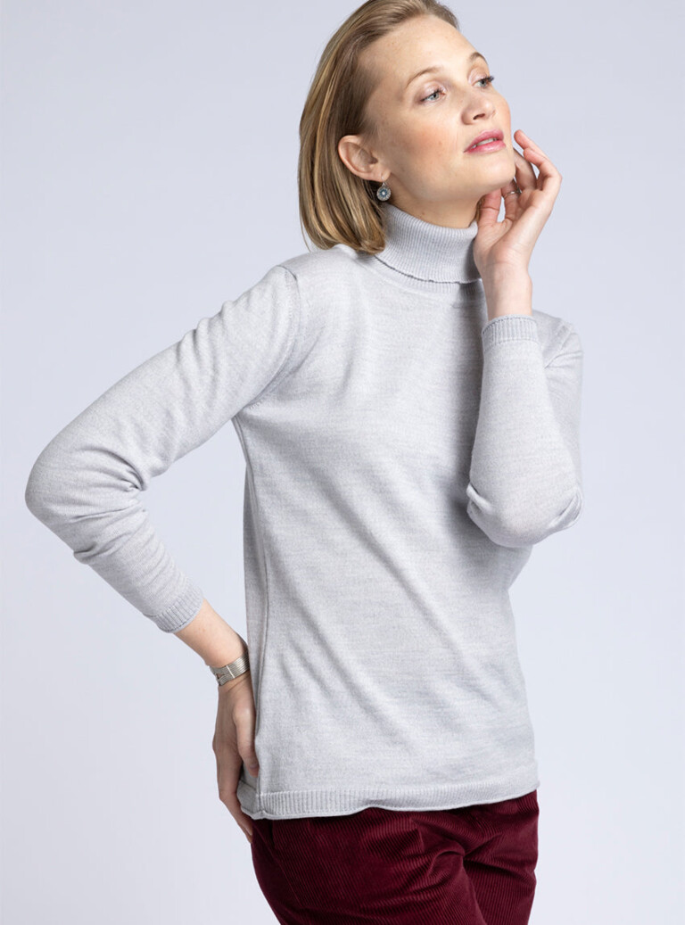 Maison Solfin - Pull femme col roulé en laine mérinos gris givré – 46