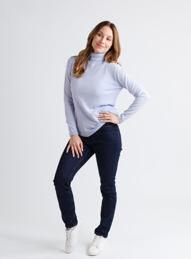 Maison Solfin - Pull femme col roulé en laine mérinos bleu ciel léger – 50