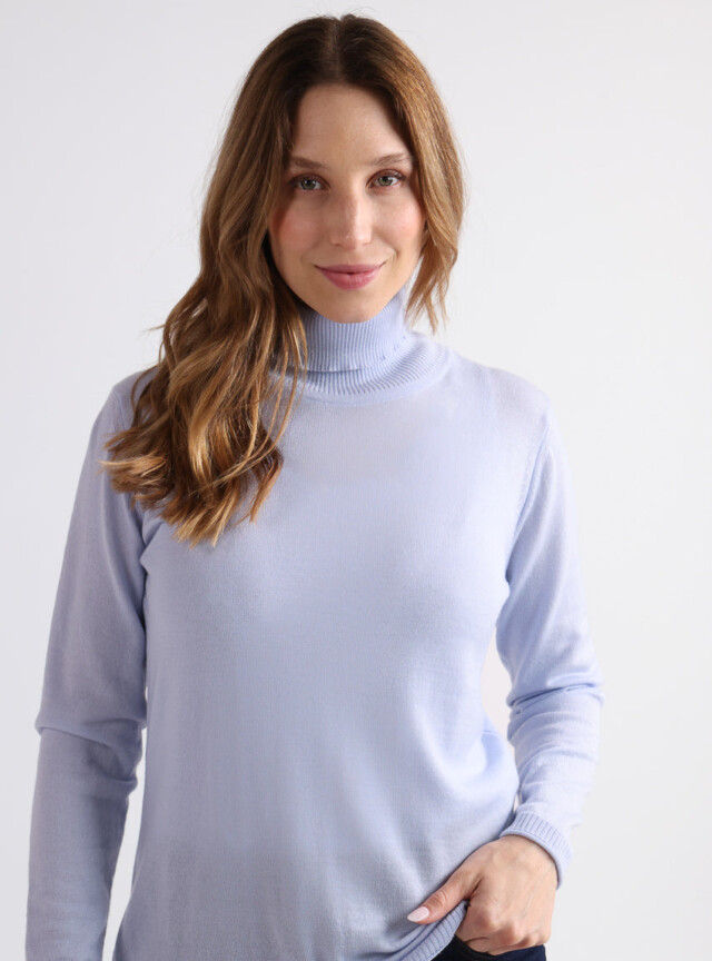 Maison Solfin - Pull femme col roulé en laine mérinos bleu ciel léger – 50