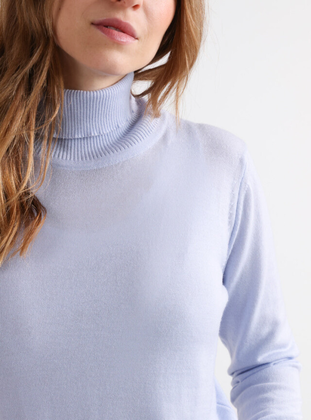 Maison Solfin - Pull femme col roulé en laine mérinos bleu ciel léger – 50