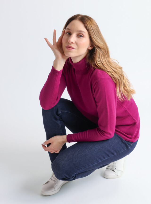 Maison Solfin - Pull femme col roulé en laine mérinos violet améthyste – 50
