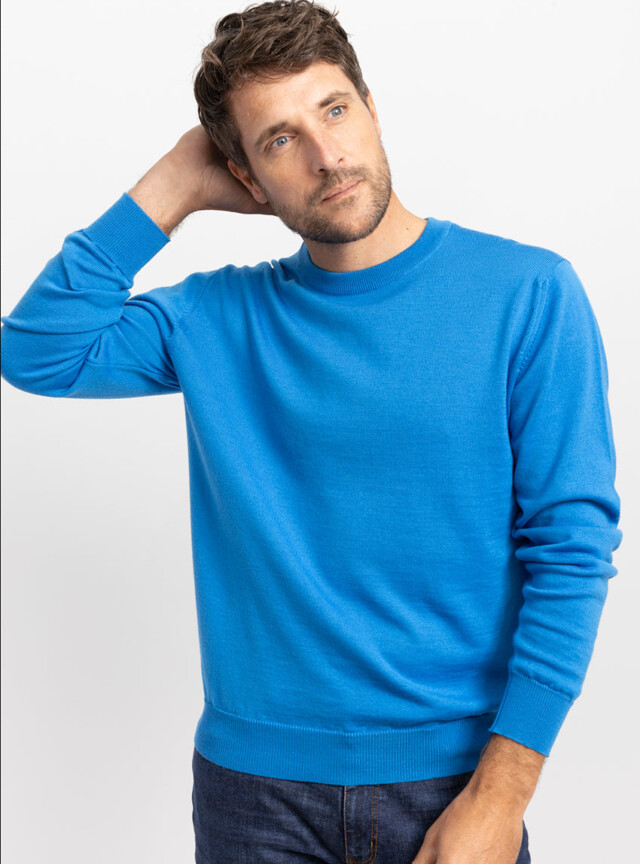 Maison-solfin - Pull homme col rond laine merinos Bleu Lumineux – 6