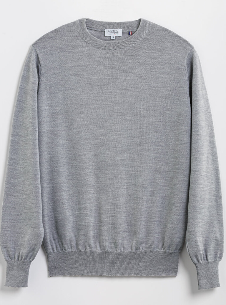Maison-solfin - Pull homme col rond laine merinos Gris Givré – 6