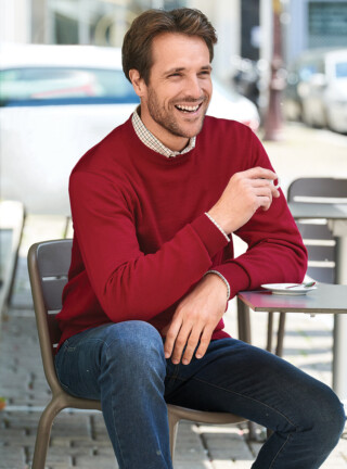 MAISON SOLFIN - Pull homme col rond laine mérinos rouge hermès