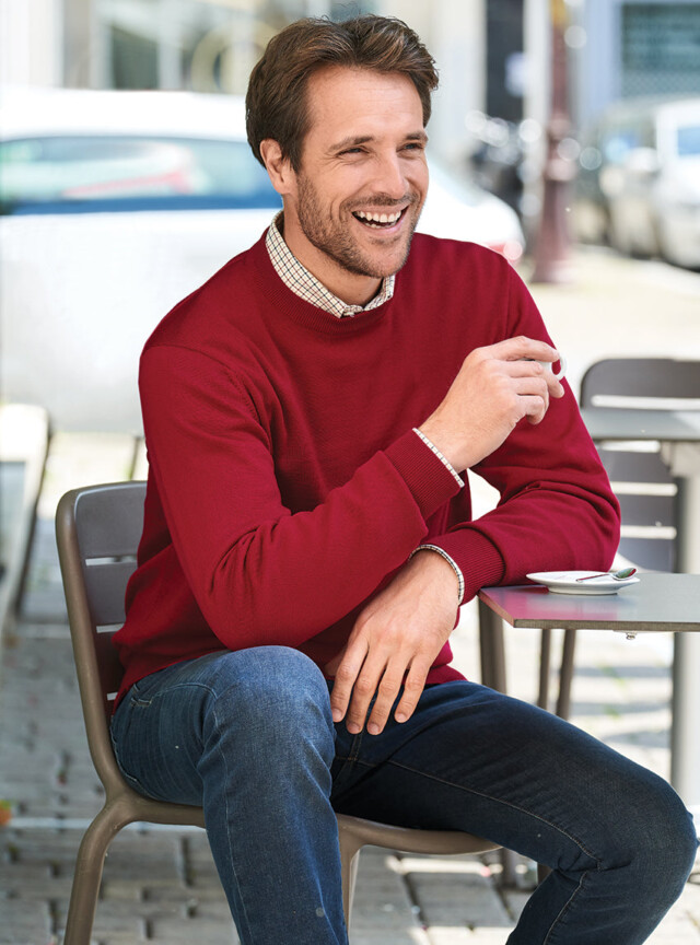 Pull homme col rond laine mérinos rouge hermès par la marque MAISON SOLFIN MAISON SOLFIN - Pull homme col rond laine mérinos rouge hermès