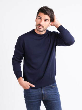 Pull homme col rond laine merinos Bleu Marine par la marque MAISON SOLFIN MAISON SOLFIN - Pull homme col rond laine merinos Bleu Marine