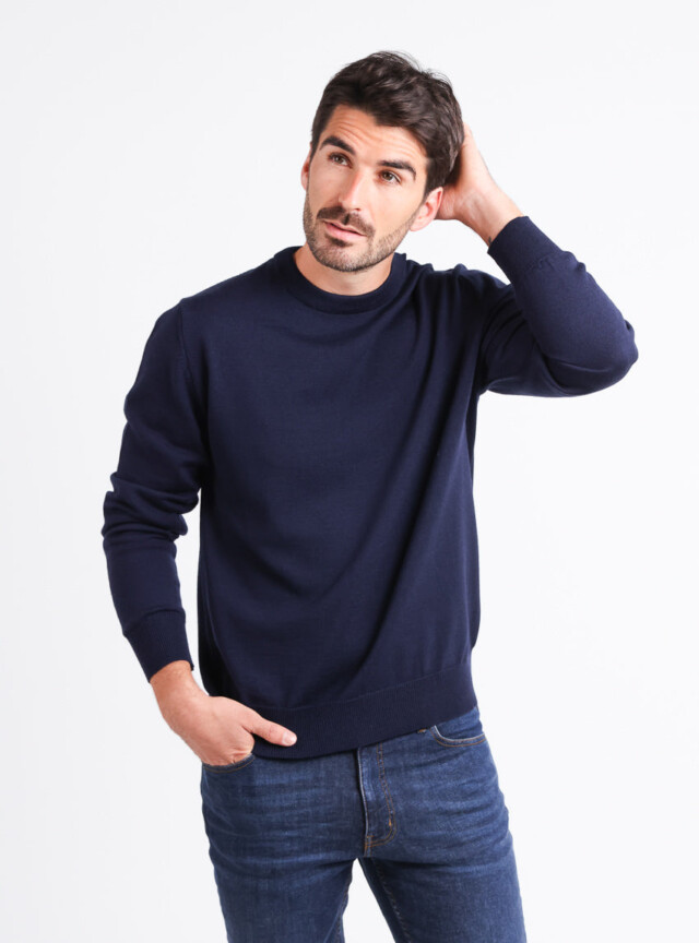 Pull homme col rond laine merinos Bleu Marine par la marque MAISON SOLFIN MAISON SOLFIN - Pull homme col rond laine merinos Bleu Marine