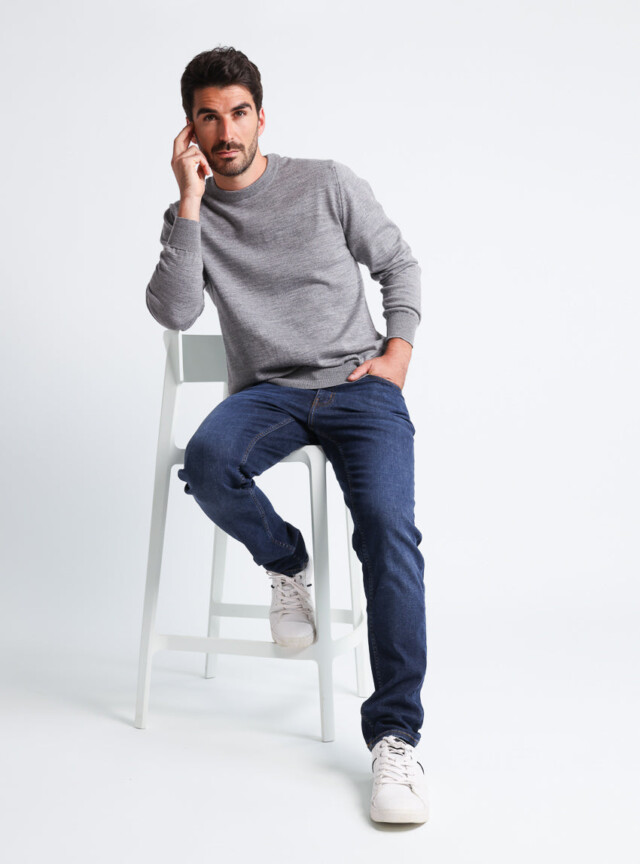 MAISON SOLFIN - Pull homme col rond laine mérinos Gris Léger