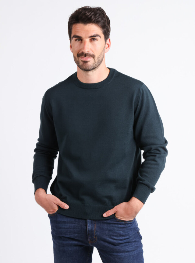 Pull homme col rond laine merinos Vert Sombre par la marque MAISON SOLFIN MAISON SOLFIN - Pull homme col rond laine merinos Vert Sombre