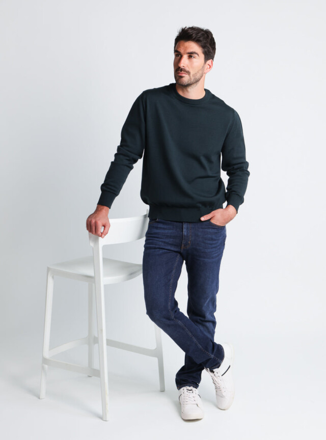 Maison-solfin - Pull homme col rond laine merinos Vert Sombre – 6