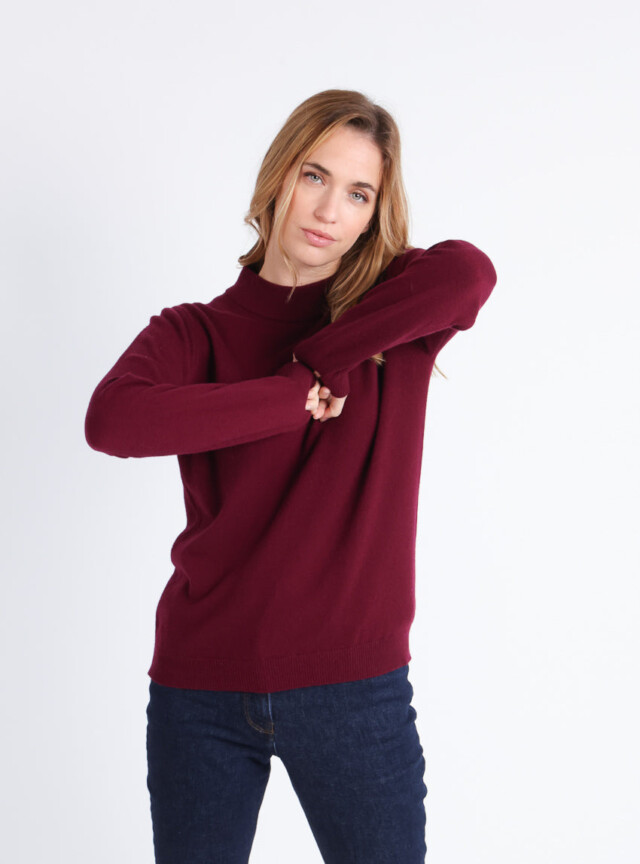 Pull col cheminée femme 100% cachemire Rouge grenat par la marque MAISON SOLFIN MAISON SOLFIN - Pull col cheminée femme 100% cachemire Rouge grenat