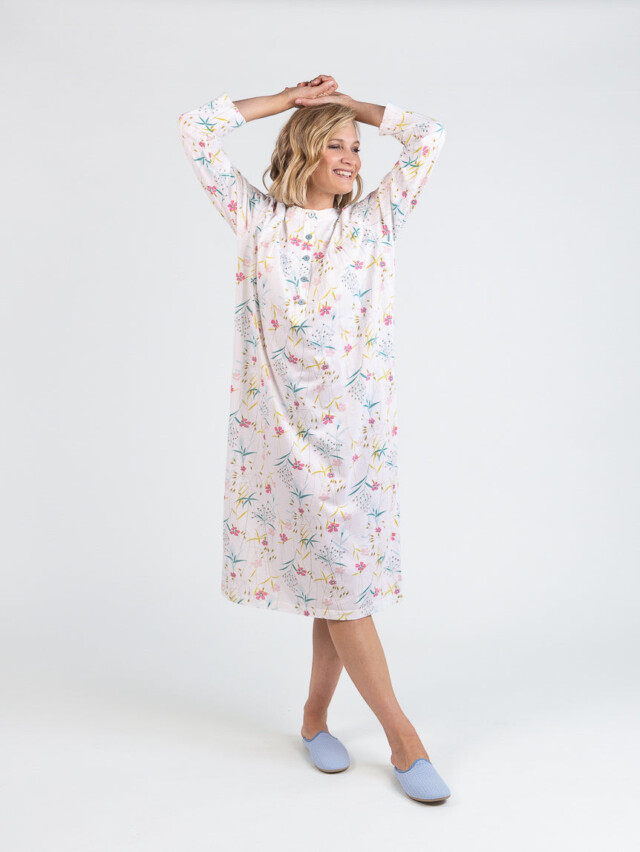 Chemise de nuit femme en coton floral rose poudre par la marque MAISON SOLFIN MAISON SOLFIN - Chemise de nuit femme en coton floral rose poudre