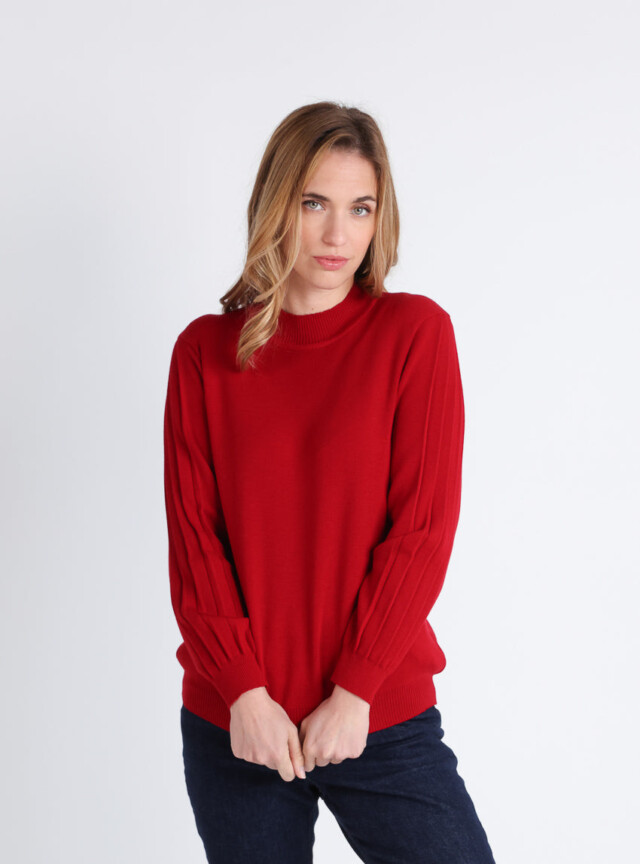 Pull femme en laine mérinos manches fantaisies Rouge foncé par la marque MAISON SOLFIN MAISON SOLFIN - Pull femme en laine mérinos manches fantaisies Rouge foncé