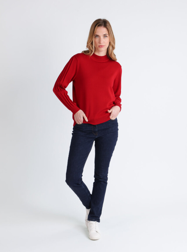 Maison-solfin - Pull femme en laine mérinos manches fantaisies Rouge foncé – 50