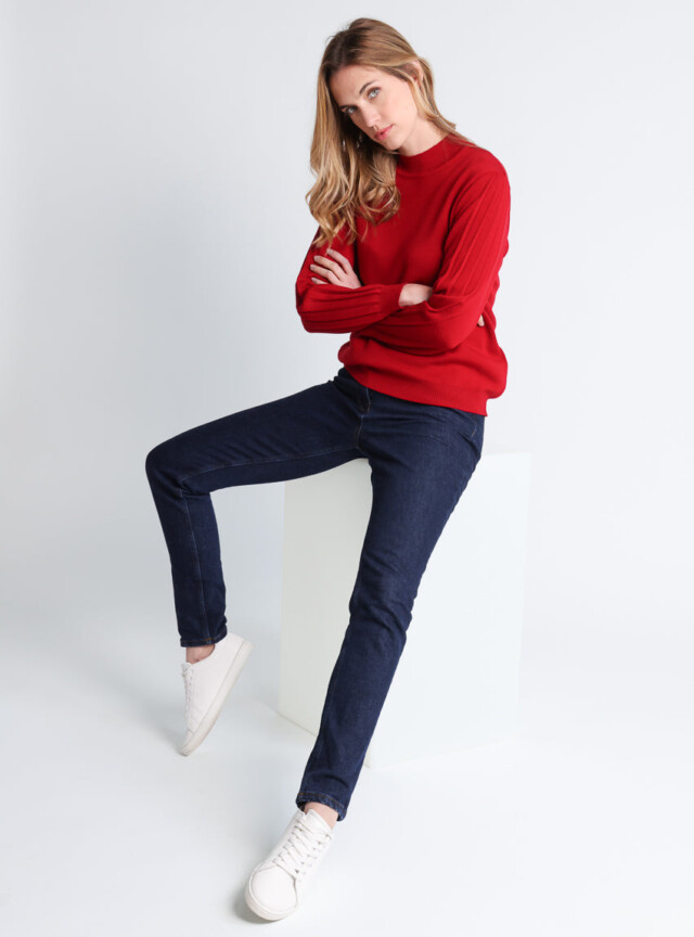 Maison-solfin - Pull femme en laine mérinos manches fantaisies Rouge foncé – 50