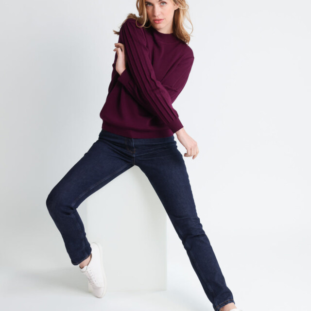 Maison-solfin - Pull femme en laine mérinos manches fantaisies Violet nuit – 50