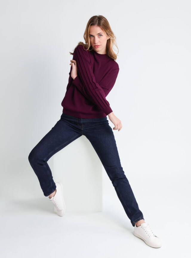 Maison-solfin - Pull femme en laine mérinos manches fantaisies Violet nuit – 50