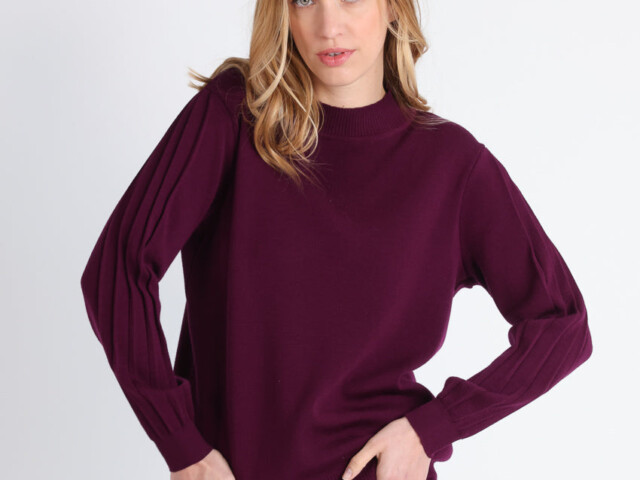 Maison-solfin - Pull femme en laine mérinos manches fantaisies Violet nuit – 50