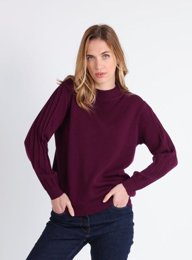 MAISON SOLFIN - Pull femme en laine mérinos manches fantaisies Violet nuit