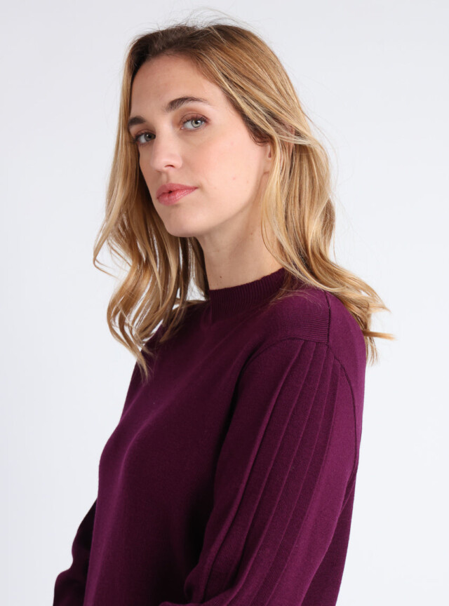 Maison-solfin - Pull femme en laine mérinos manches fantaisies Violet nuit – 50