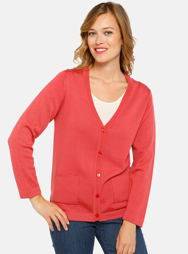 Gilet femme en laine merinos rouge tendre par la marque MAISON SOLFIN MAISON SOLFIN - Gilet femme en laine merinos rouge tendre