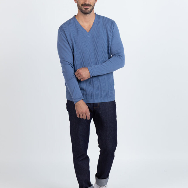 Maison Solfin - Pull homme col V chevrons en coton Bleu infini – 6