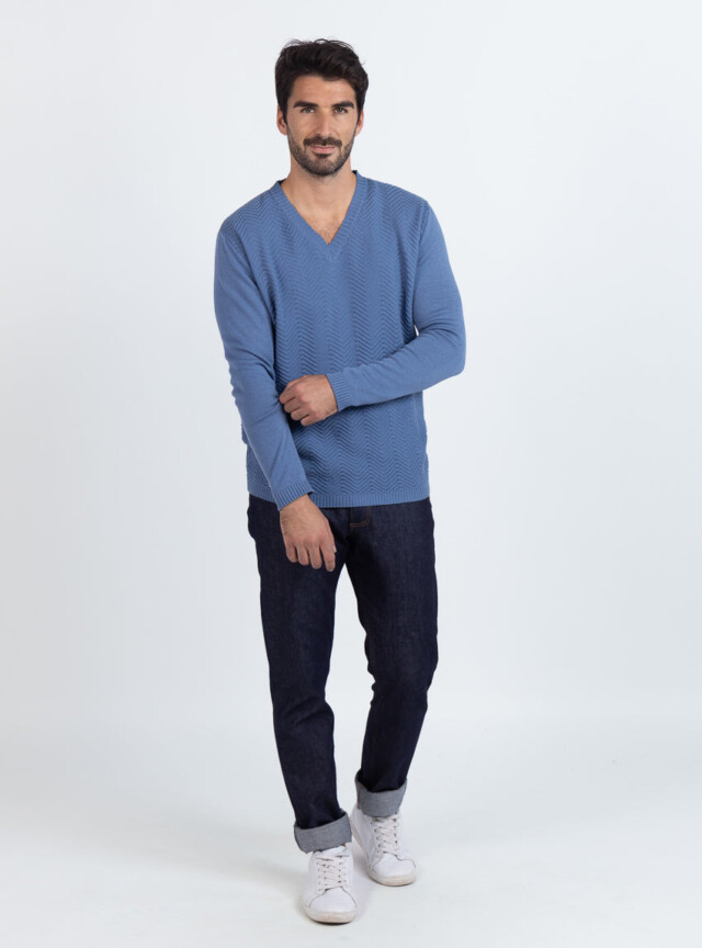 Maison Solfin - Pull homme col V chevrons en coton Bleu infini – 6
