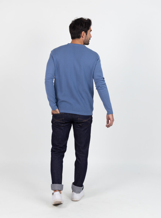 Maison Solfin - Pull homme col V chevrons en coton Bleu infini – 6