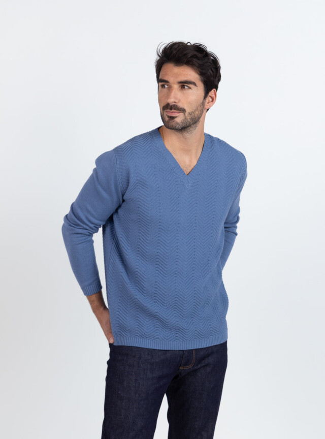 MAISON SOLFIN - Pull homme col V chevrons en coton Bleu infini