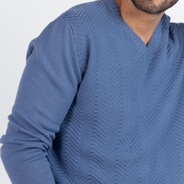 Maison Solfin - Pull homme col V chevrons en coton Bleu infini – 6