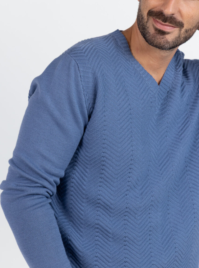 Maison Solfin - Pull homme col V chevrons en coton Bleu infini – 6