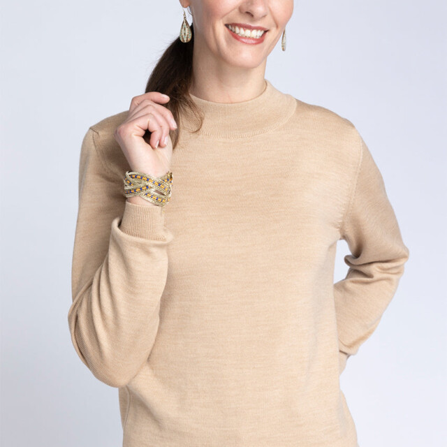 Maison Solfin - Pull femme col cheminée laine mérinos beige chaud – 42