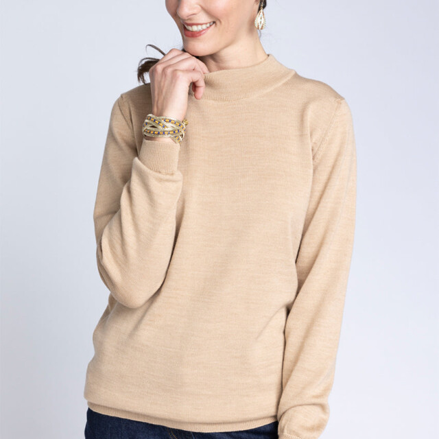 Maison Solfin - Pull femme col cheminée laine mérinos beige chaud – 42