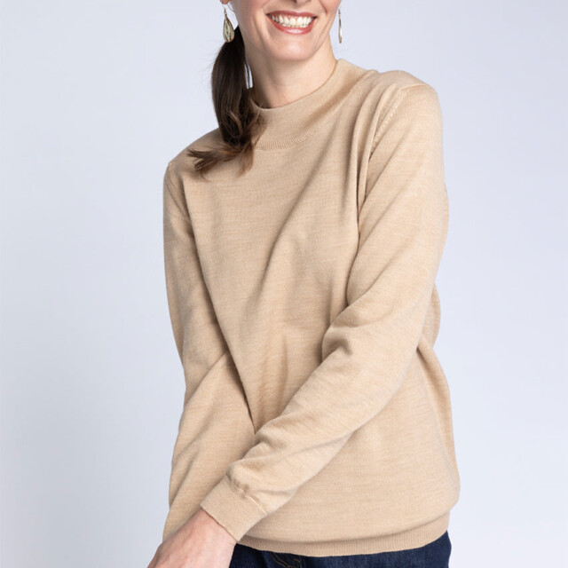 Maison Solfin - Pull femme col cheminée laine mérinos beige chaud – 42