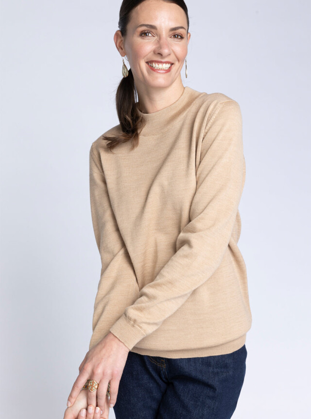Maison Solfin - Pull femme col cheminée laine mérinos beige chaud – 42