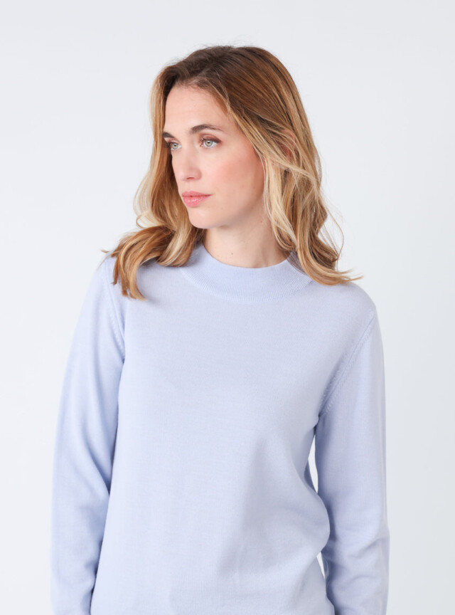 Maison-solfin - Pull femme col cheminée en laine mérinos Bleu Ciel Léger – 48