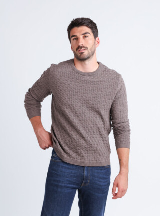 MAISON SOLFIN - Pull homme damier en laine beige taupe