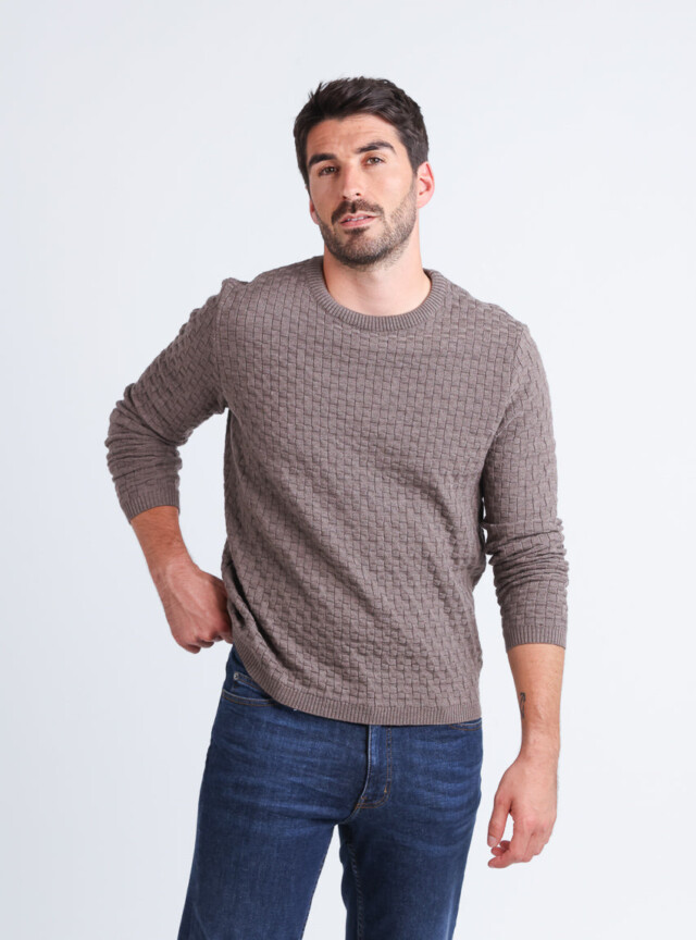 MAISON SOLFIN - Pull homme damier en laine beige taupe