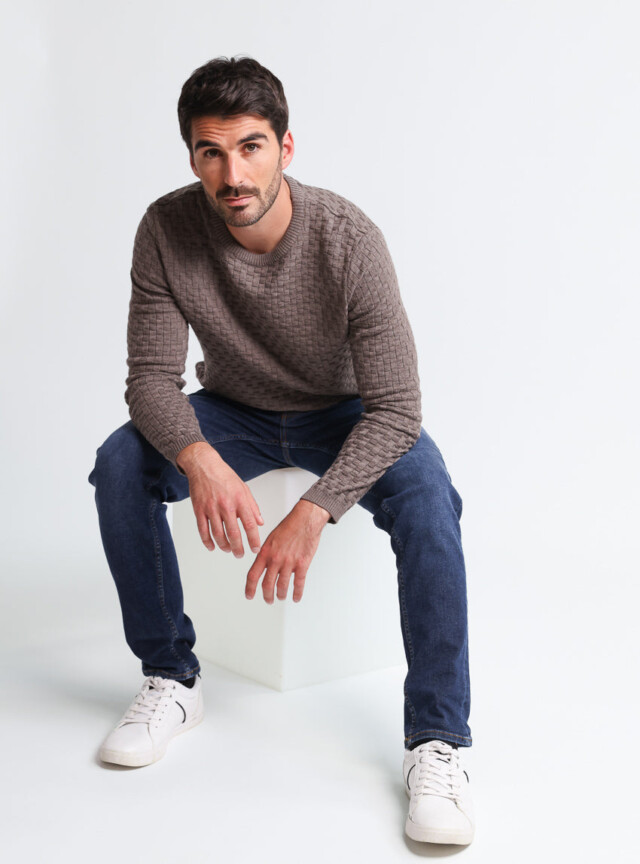 Maison Solfin - Pull homme damier en laine beige taupe – 6