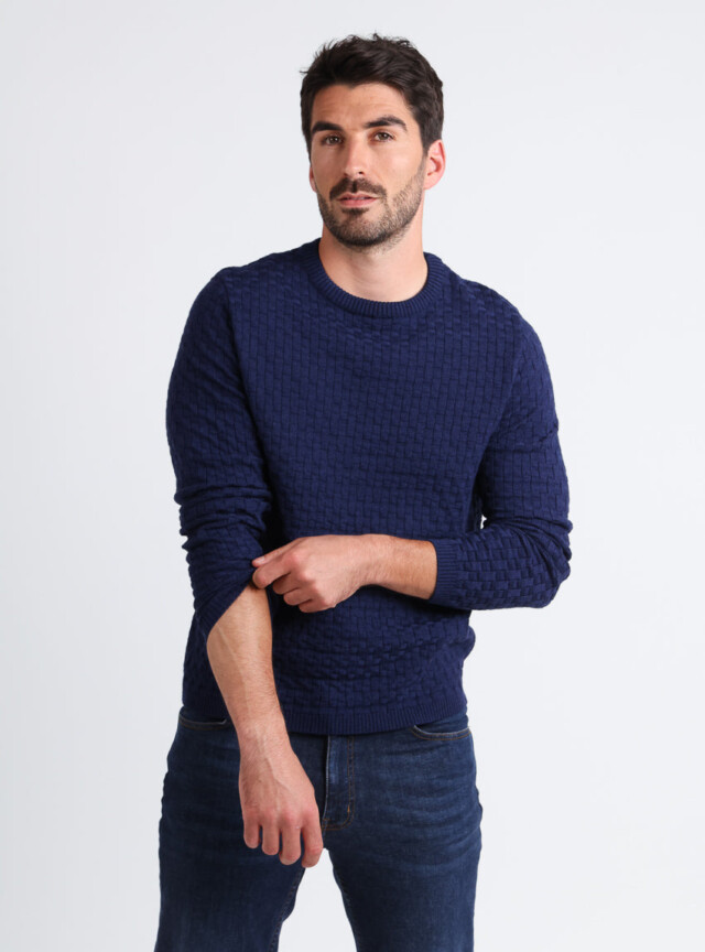 Pull homme damier en laine bleu amiral par la marque MAISON SOLFIN MAISON SOLFIN - Pull homme damier en laine bleu amiral
