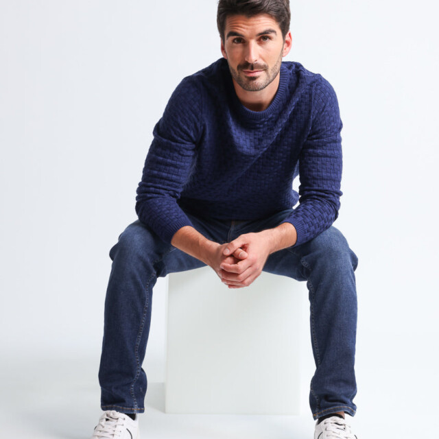 Maison Solfin - Pull homme damier en laine bleu amiral – 6