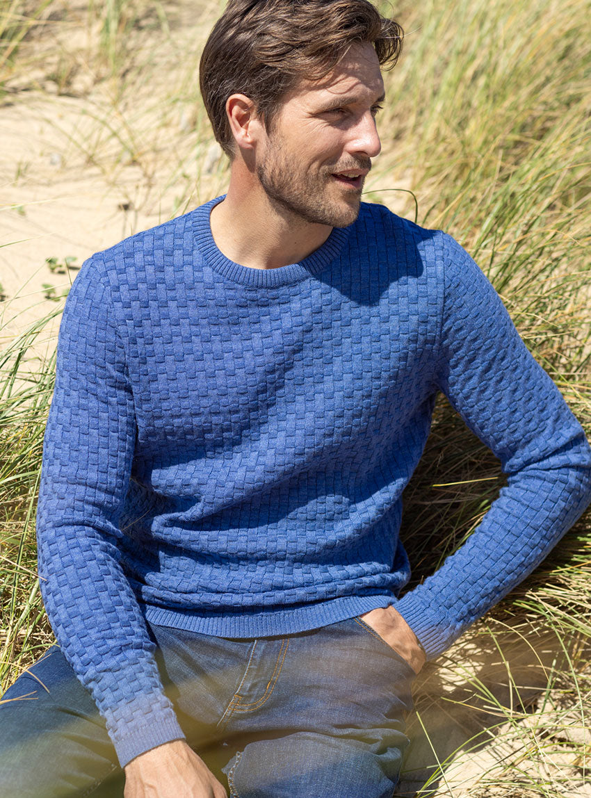 6918 bleu jean 1 Maison Solfin - Pull homme damier en laine bleu jean – 6