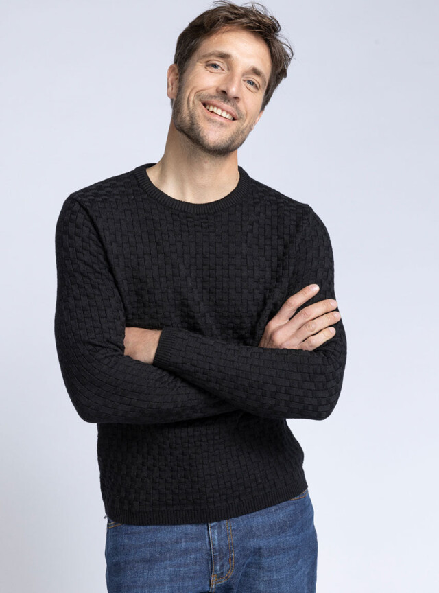 MAISON SOLFIN - Pull homme damier en laine noir