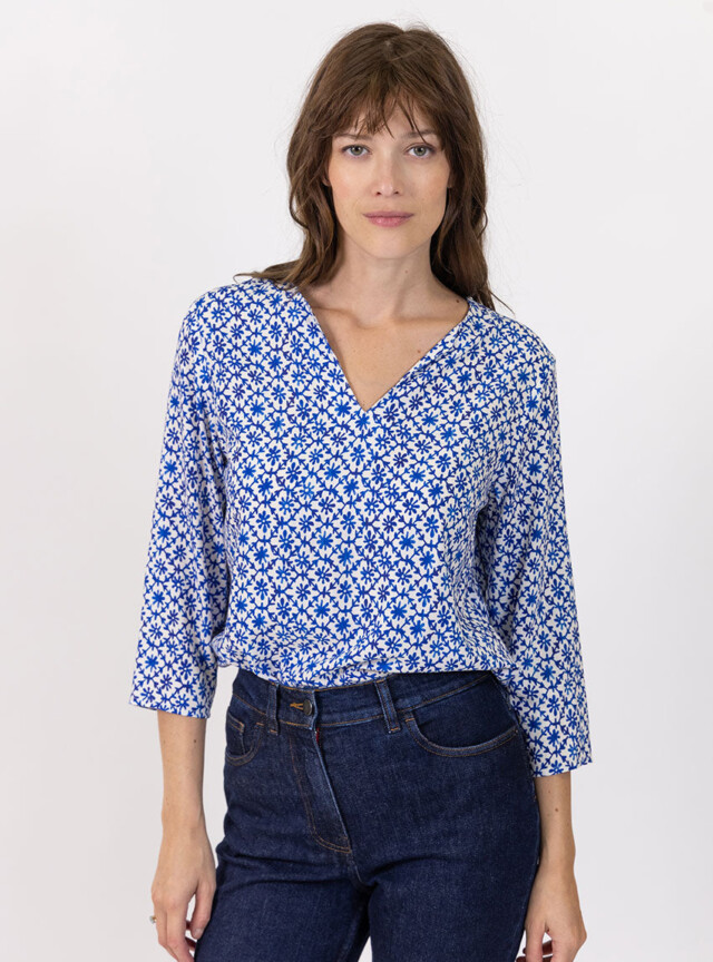 Blouse femme viscose bleu grec par la marque MAISON SOLFIN MAISON SOLFIN - Blouse femme viscose bleu grec
